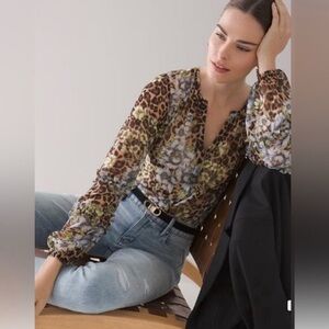 White House Black Market Long Sleeve Ruffle Leopard Floral Blouse Animal Notch